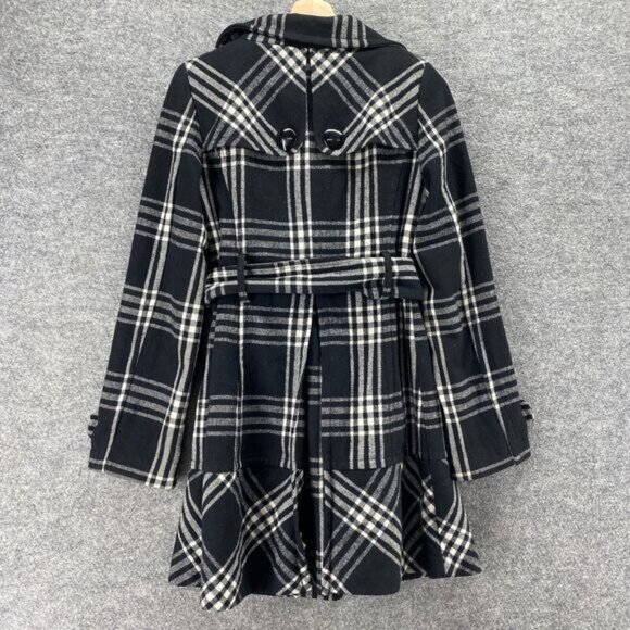 Express Coat Women XS Black Plaid Collared Belted Long Sleeve Wool Button Up - Picture 2 of 8